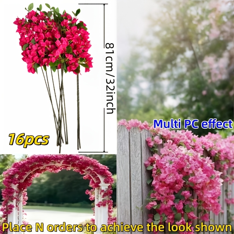 TEMU 16pcs Outdoor Artificial Rose Red Bougainvillea Triangle Flower Vine Wreath Branches, Artificial Flowers For Home Decor, Suitable For Indoor