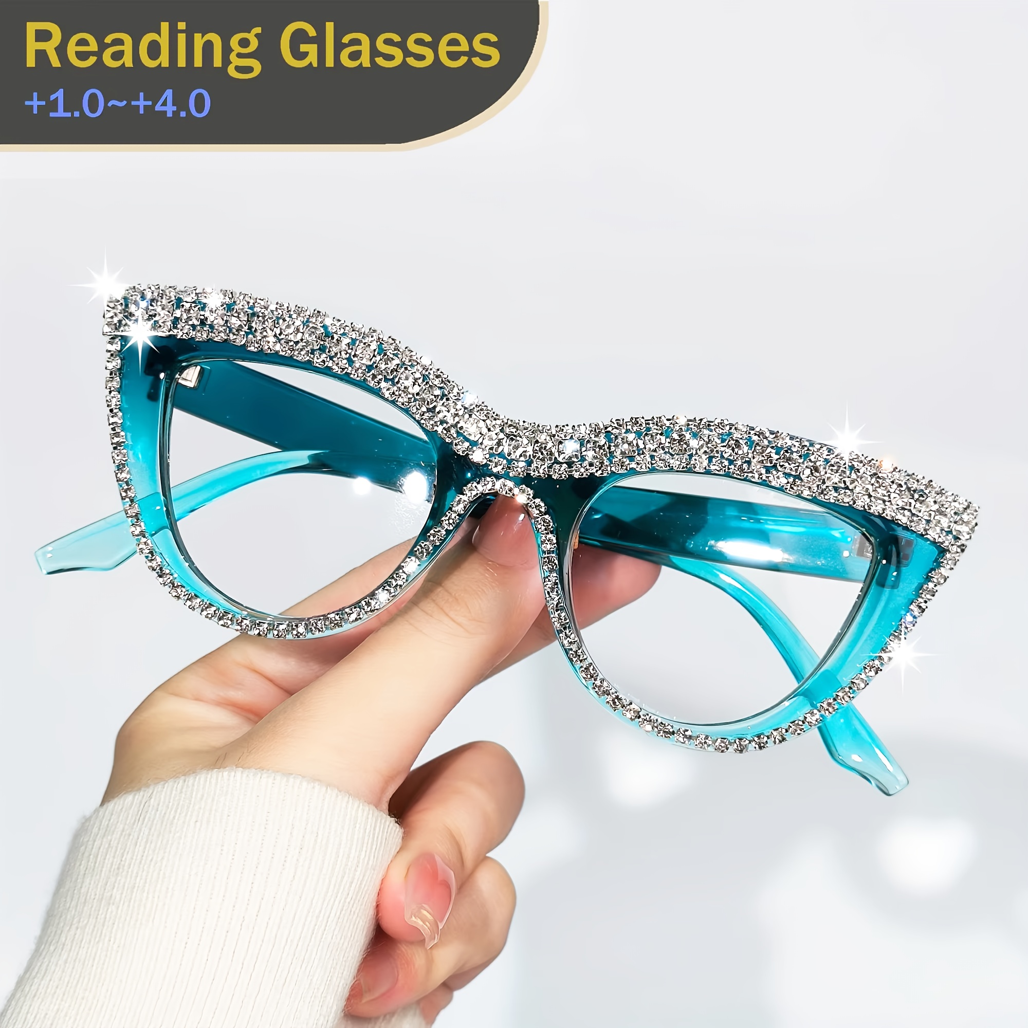 Elegant Pink Cat Eye Rhinestone Reading Glasses - Stylish Glitter Fashion Eyewear for Women &amp; Men, Durable PC Frame, +1.0 to +4.0 Strength, with Protective Case