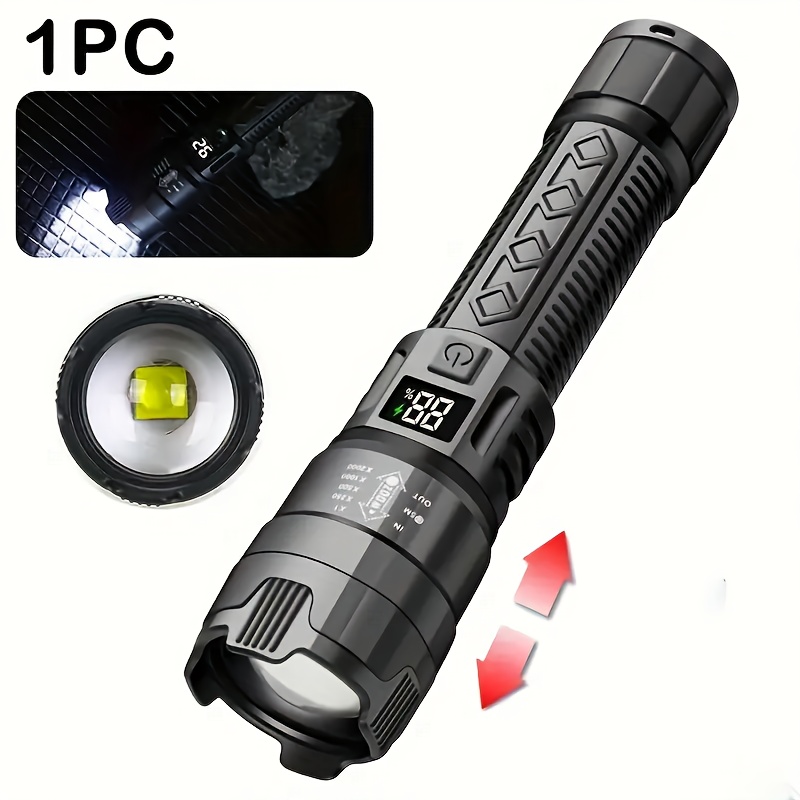 1pc Led Tactical Flashlight With Digital Display, Telescopic Zoom, Usb Type-c Fast Charging, 18650 Lithium Battery, Outdoor Portable Emergency Flashlightip65