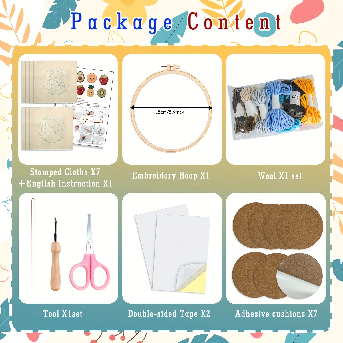 7pcs Stenciled Punch Needle Embroidery Coasters & DIY Craft Kit for Beginners