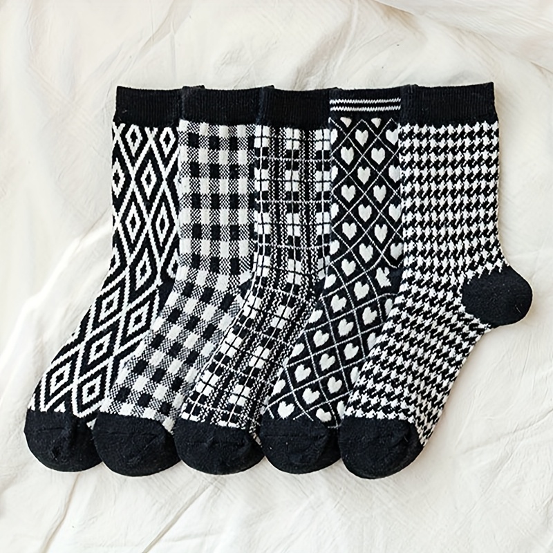 E-shop 5-Pack Damen Wadenstrümpfe, Retro Ethno Gestreiftes Geometrisches Muster, Elegant Hochwertige Socken, Frühling Herbst Dünn Atmungsaktiv Bequem