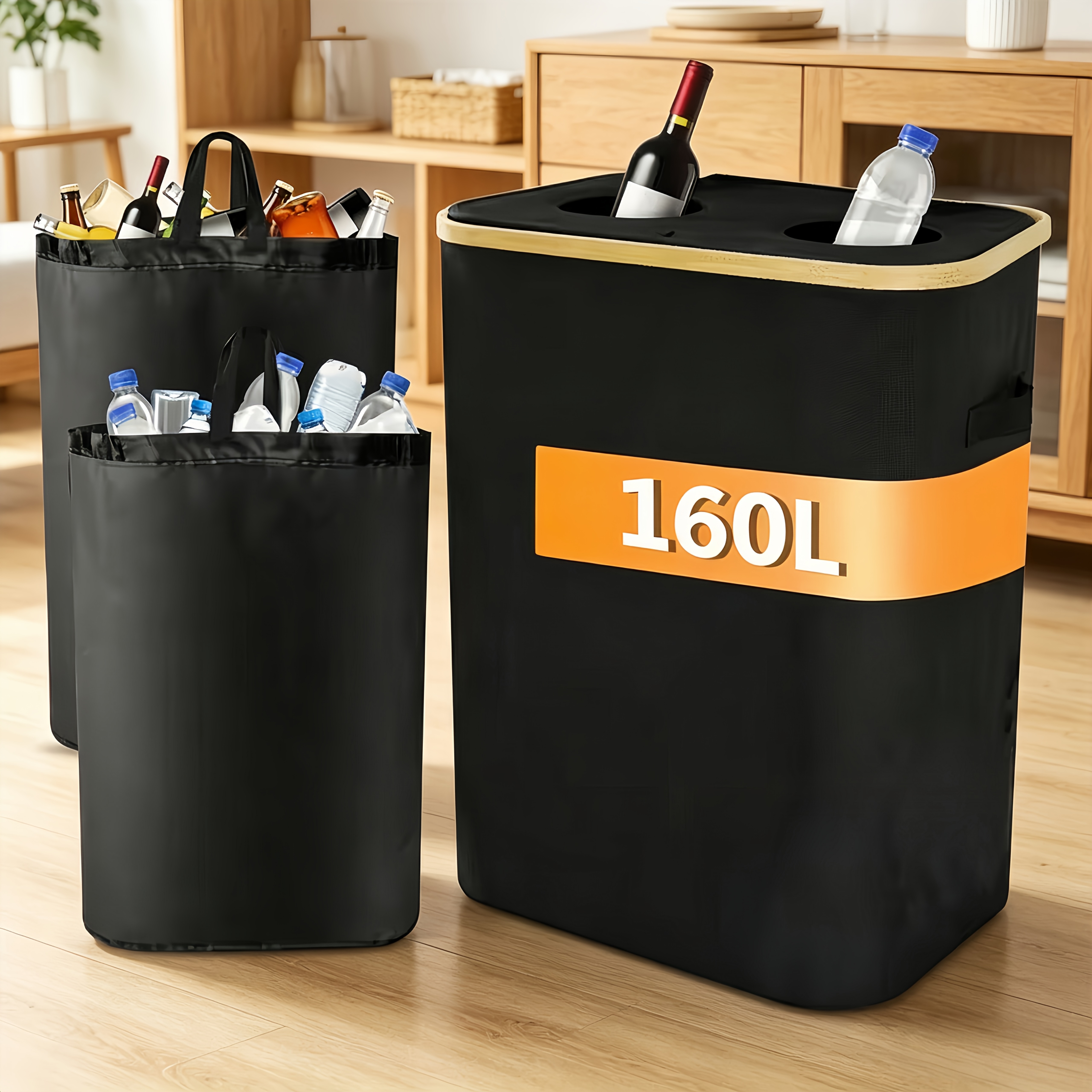 Oxford Fabric Dual Bottle Collector With Lid, Foldable Recycling Bin With Removable Liner, Large Beverage Can And Bottle Storage Container For Home Kitchen