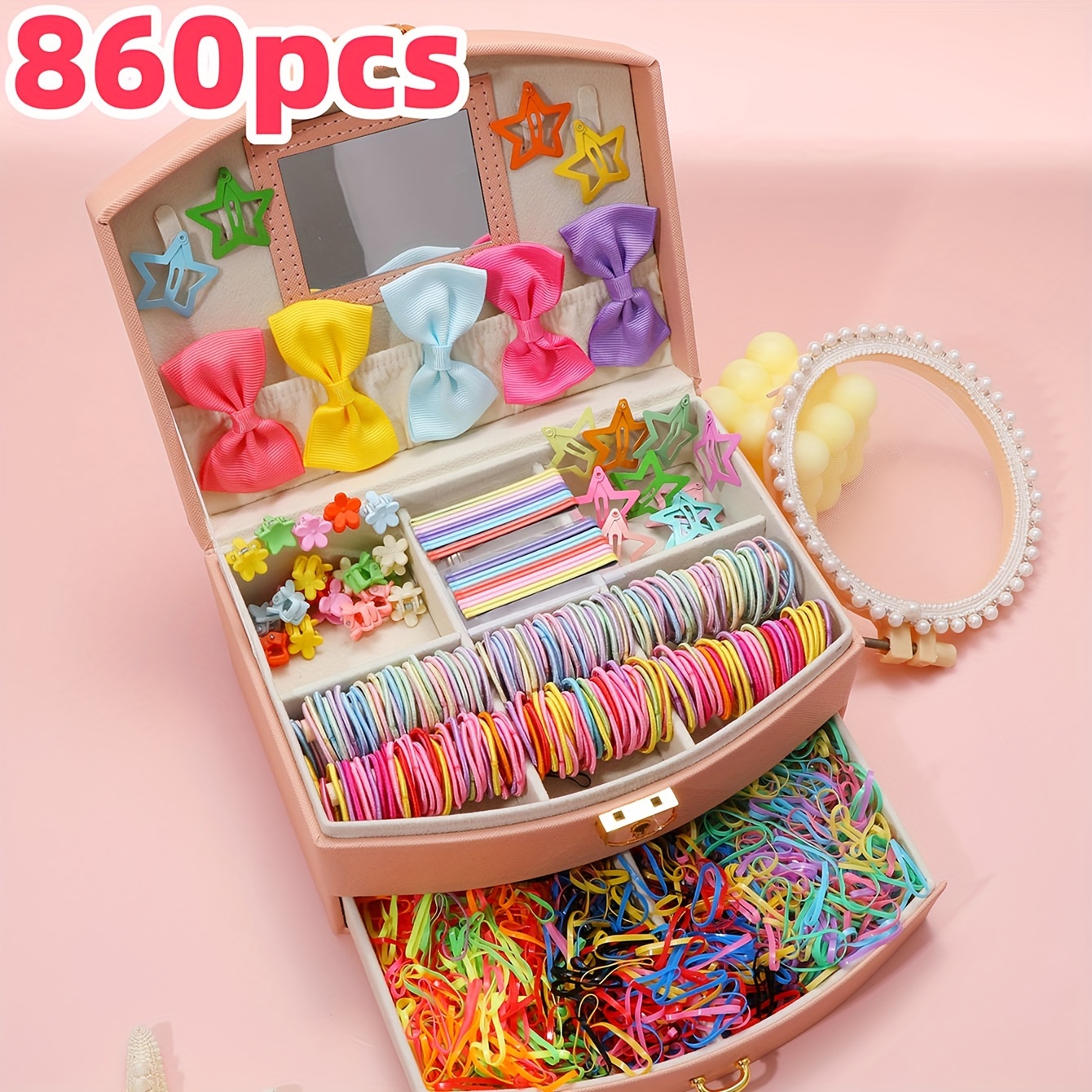 

860pcs Hair Accessories Set For Women, Cute Plastic Hair Ties, Bows, Clips, And Scrunchies, Multi-style Hair Ring Set, Solid Color, , All Hair Decor