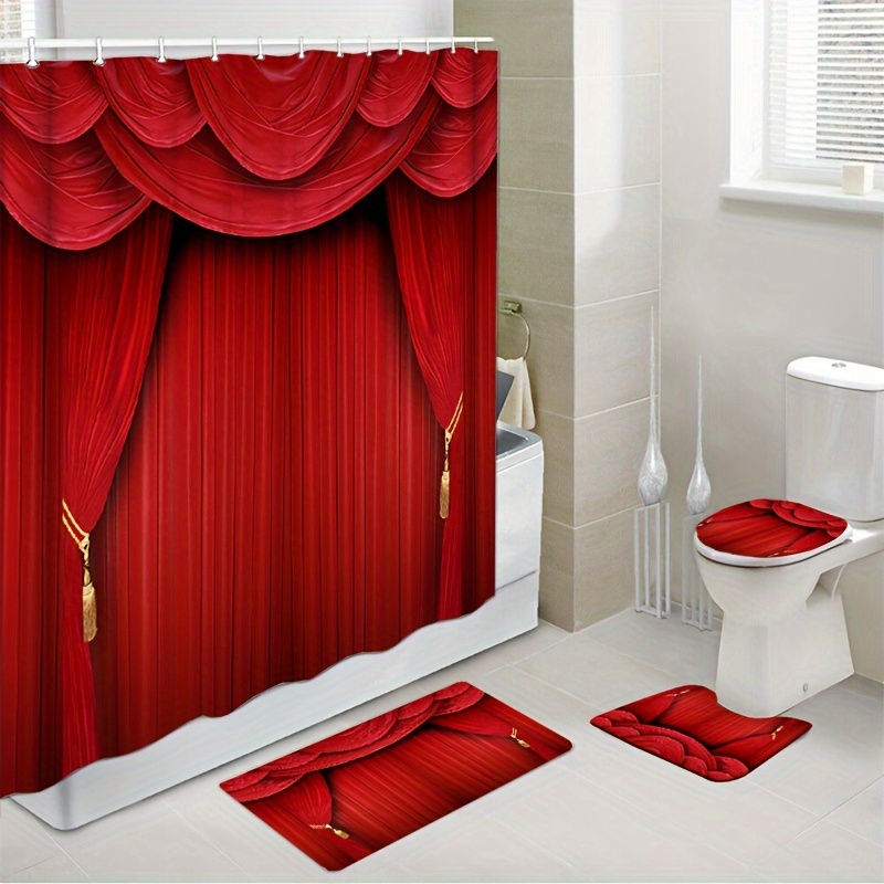 

1/4pcs Red Curtain Pattern Shower Curtain Set, Shower Curtain With 12 Hooks, Non-slip Bath Mat, U-shaped Toilet Mat, Toilet Mat, Bathroom Decor Accessories