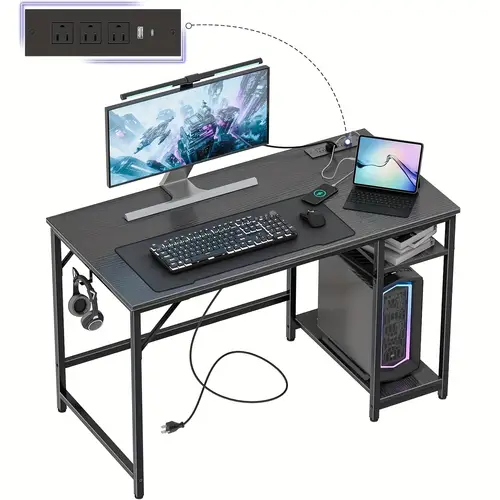 modern minimalist gaming computer desk with usb type c outlets recycled wood home office desk with storage shelves cable management floor standing writing table for bedroom study white black organization durable construction desk students