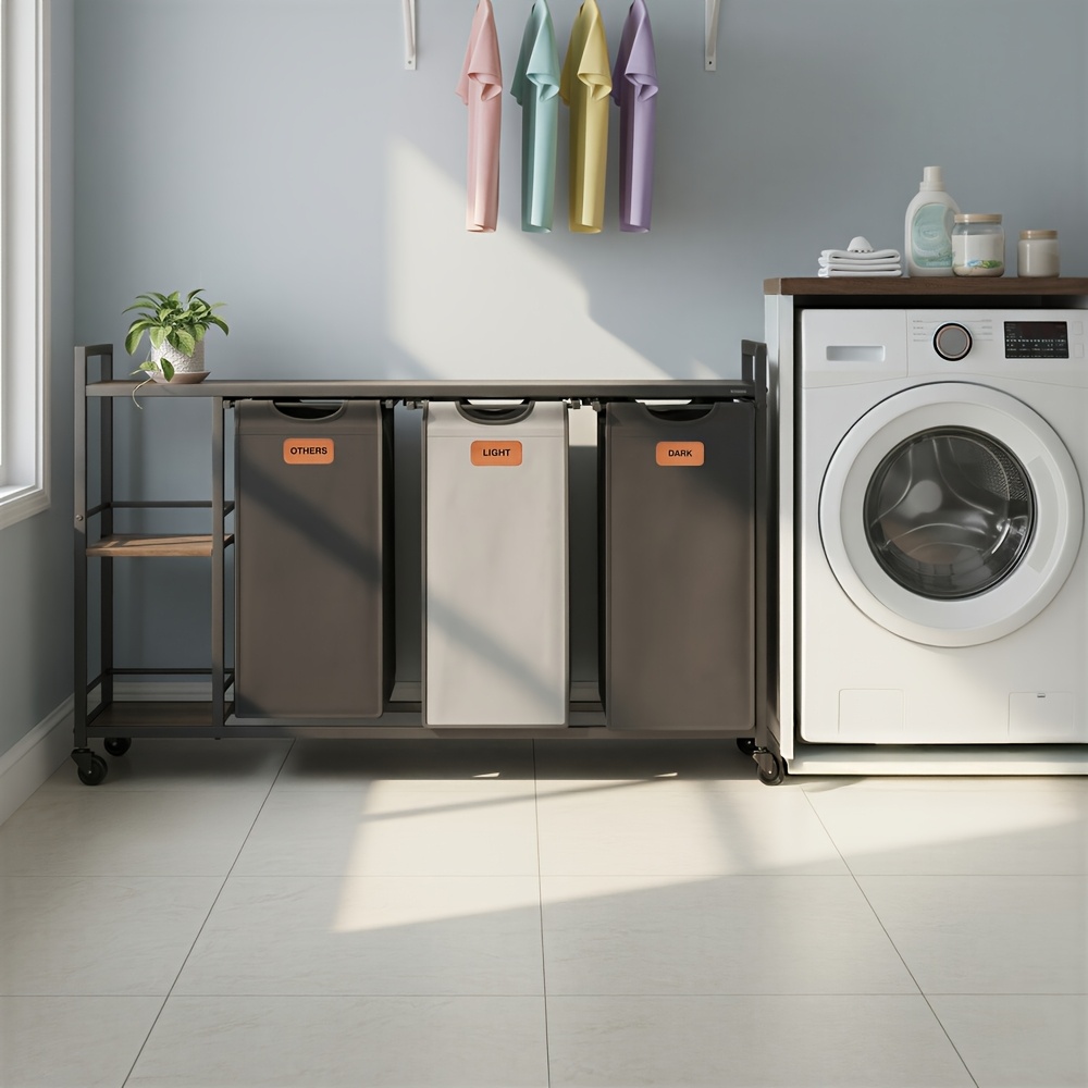 Image of 3-compartment Laundry Hamper With 150l Capacity, Rolling Cart With Shelves, Removable Liners And 6 Labels, 117 X 33 X 80.5 Cm, Brown, Black And Gray, Laundry Baskets