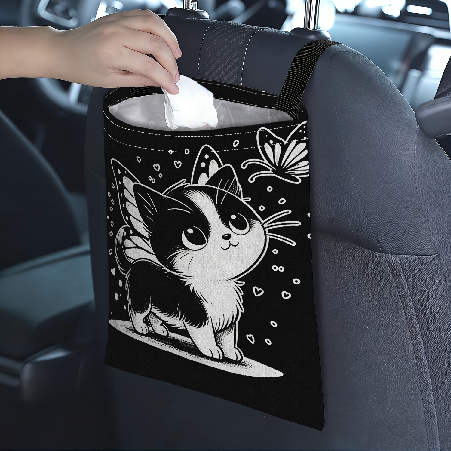 TEMU 1 pièce Sac Poubelle de Voiture Imprimé 2D Chat avec Vol de Rêve - Rangement Élégant, Garde de la Voiture , Suspension Universelle, Durable et