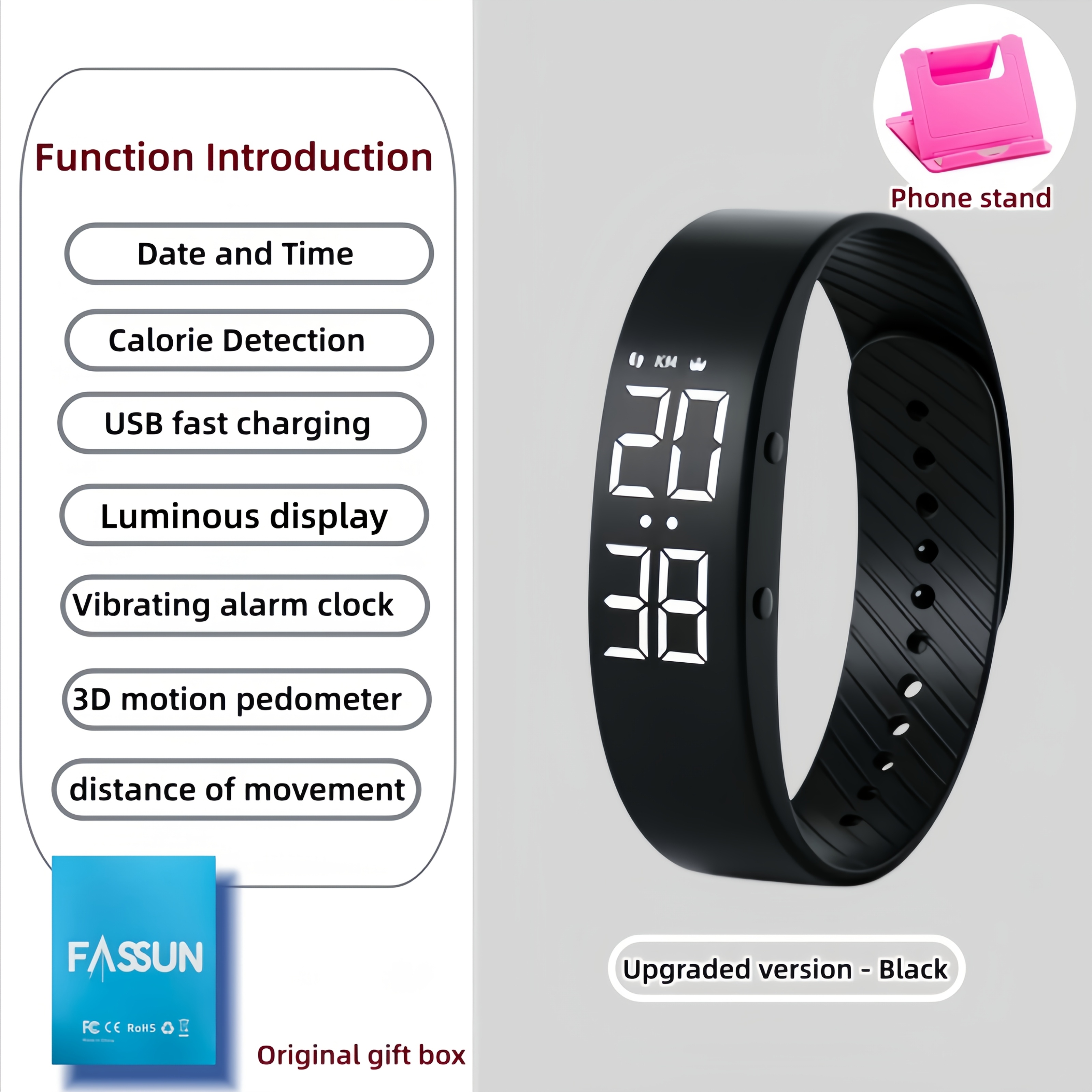 Image of Led Vibrating Alarm Smart Watch, No Suitable For Students, Required, Independent Use Usb Charging Fitness With 3d Motion Tracking, , Phone Stand Gift - 3pcs Set [watch, Phone Stand, And Original Box]