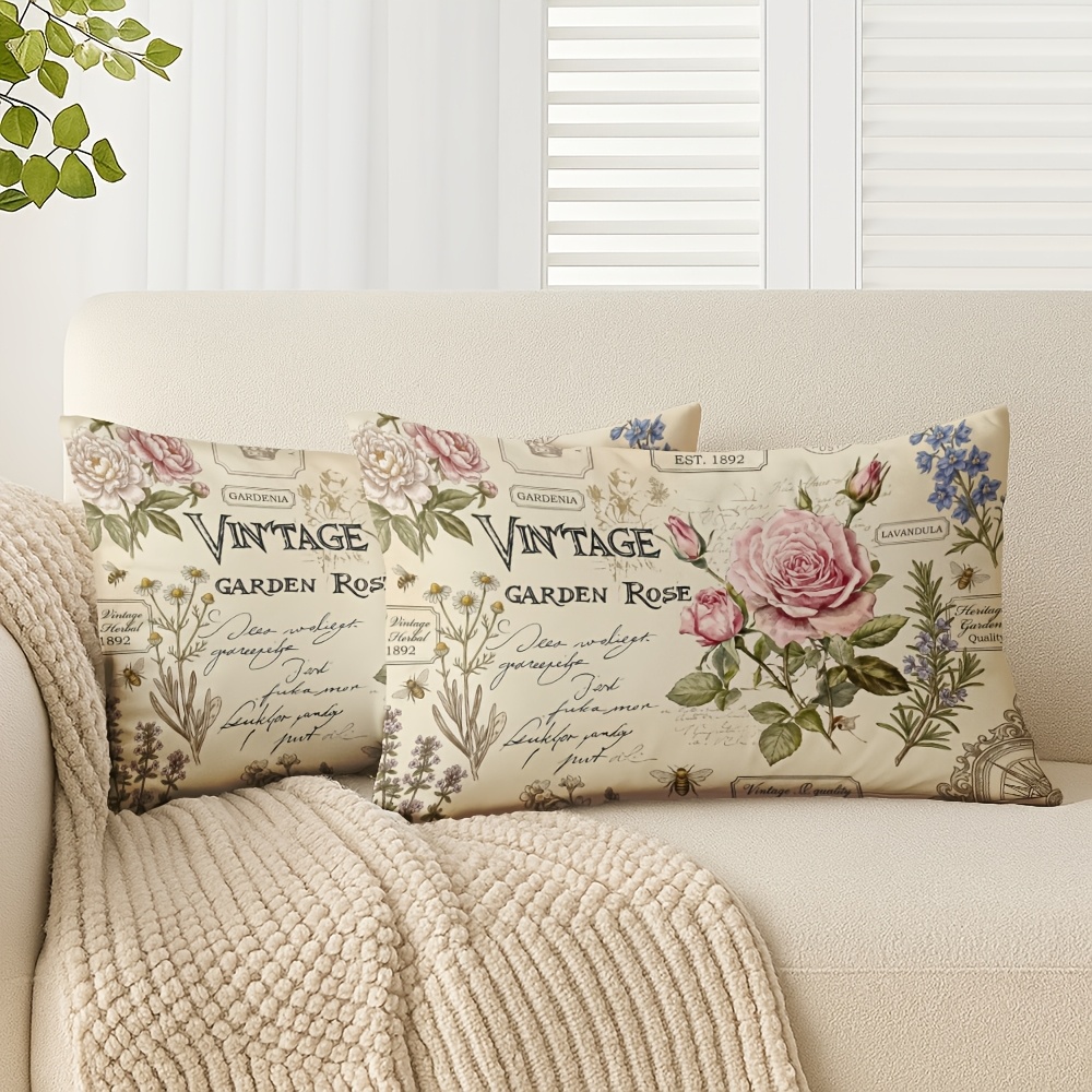TEMU 2pcs Vintage Ephemera Throw Pillow Cover 12 X 20 Inches Vintage And Script Trendy Short Plush Design Perfect For Living Room And Bedroom And