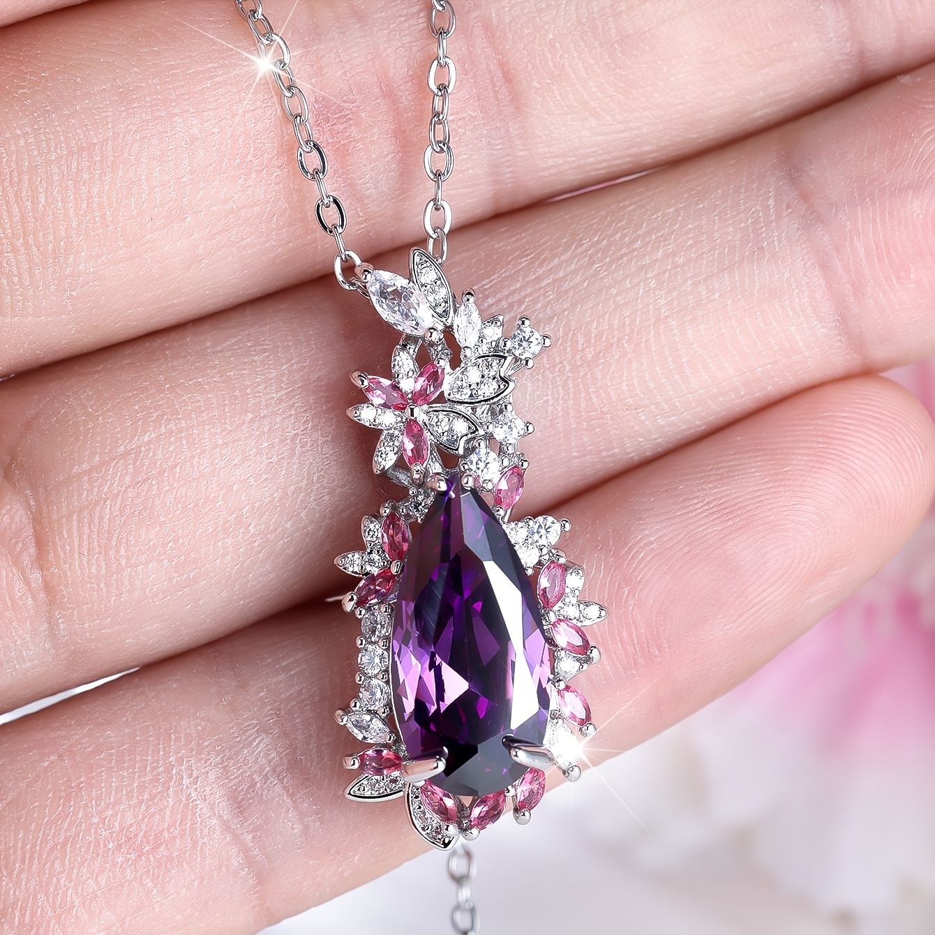 TEMU A Luxurious And Teardrop-shaped Purple Synthetic Synthetic Zirconia Pendant Necklace, A Fashionable And Elegant Piece For Women, Suitable For