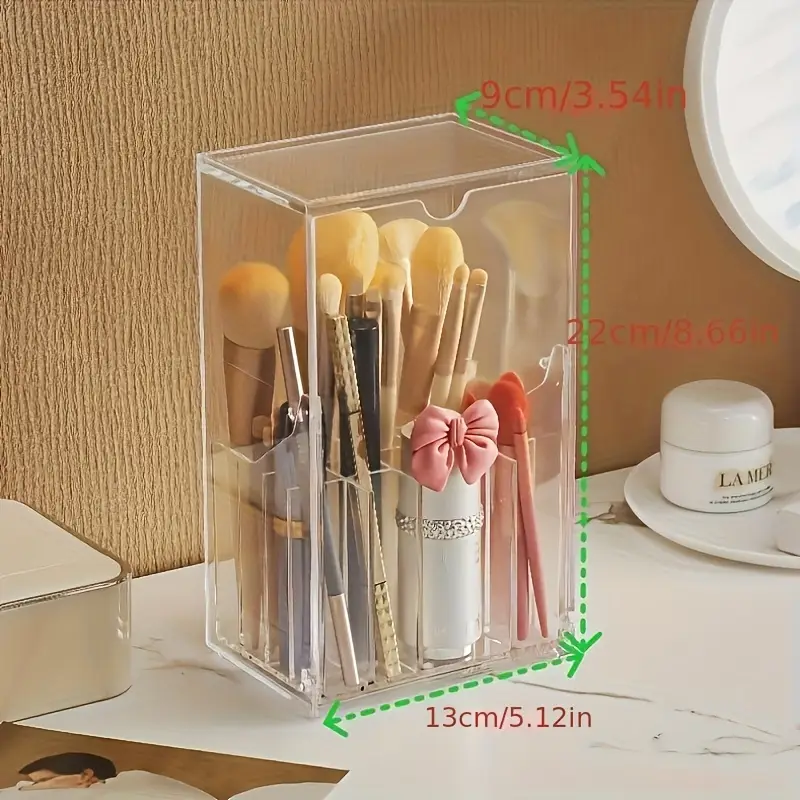 clear makeup brush organizer with lid transparent cosmetic storage box vanity organizer with dustproof cover bathroom countertop organizer for professional or home use space saving makeup display case makeup vanity desk durable plastic material Product details 3