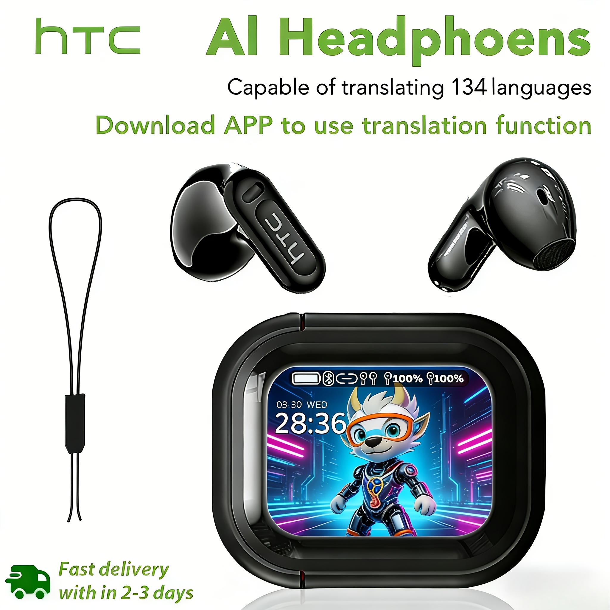 TEMU 1pc Htc Ne20 2026 Led Wireless Earbuds With Led Touchscreen, Wireless 6.0 Chip, 13mm Large Speaker Driver With 360° Audio, 30h Life, Half In-ear