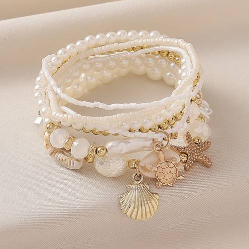7pcs womens bohemian multi layer clam shell bracelet ocean themed resin beach with shell beads layered suitable for vacation daily wear year round gift