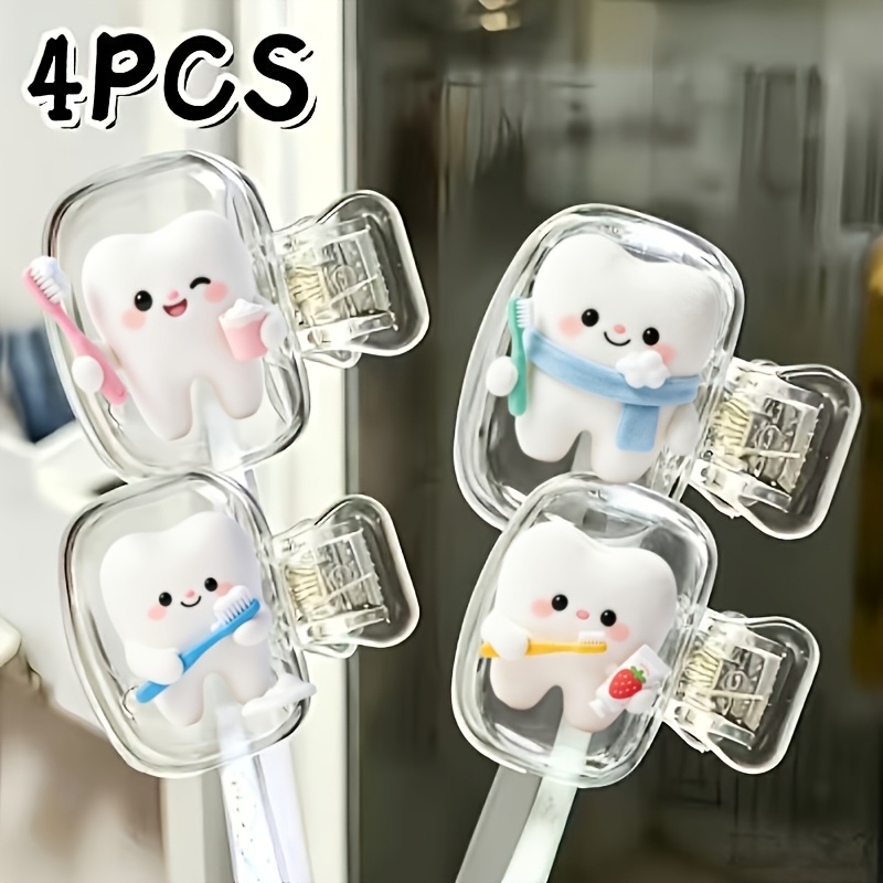 TEMU 4pcs Cute Toothbrush Covers With Tooth Holding Toothbrush Pattern - Suitable For Travel Sets Of Various Sizes, With Ventilation Holes To Keep