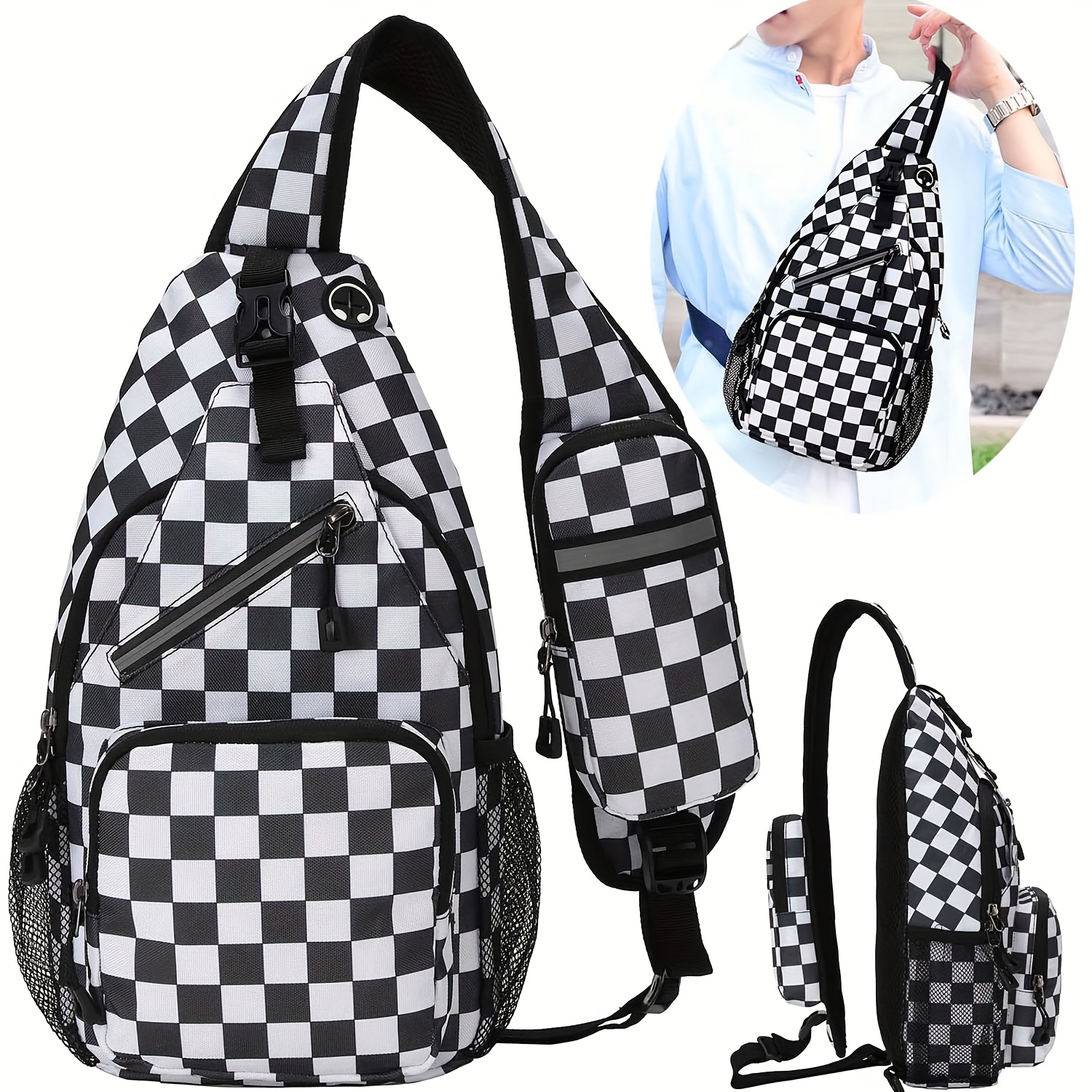 TEMU 1pc Black And White Checkered Crossbody Sling Bag For Men And Women With Adjustable Shoulder Strap Shoulder Backpack Chest Bag Travel Hiking Daypacks, Christmas, Halloween Gift