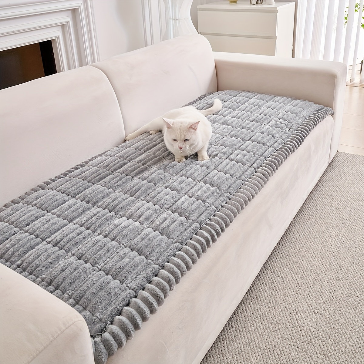 TEMU 1pc Bohemian Quilted Sofa Cover Wide-striped Suitable For 1 To 4-seater Couches, Thick Plush Machine Washable Pet-friendly Sofa Protector With