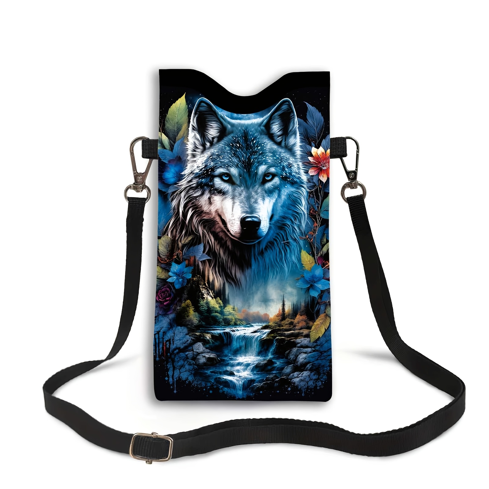 TEMU Phone Pouch With Adjustable Lanyard, 2d Flat Print, Wolf, Animal, Realistic, -garde, Blue, Black, Holiday Gift, Fashionable Accessory For