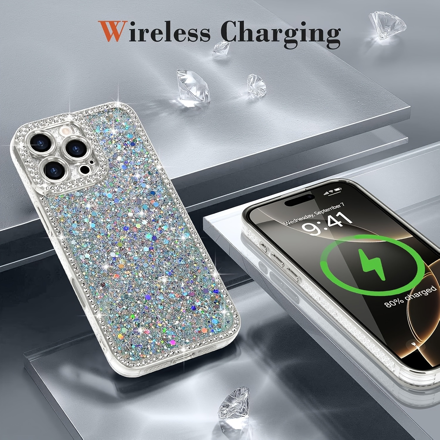 For IPhone 16/15 Plus/14/13 Pro Max Case Glitter, Support Wireless Charging, Shiny Bling Sparkly Bumper Cover For Women Soft Slim Shockproof Protective Phone - Image 7