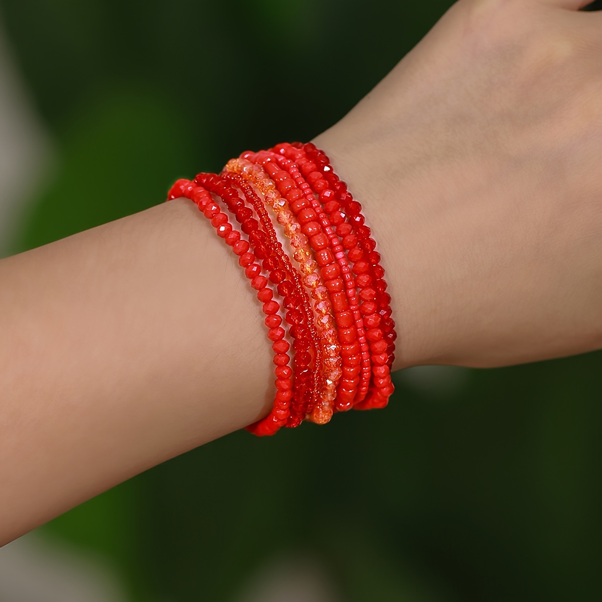 

Red Beaded Bracelet Set For Women, 8-piece Fashion Simple Stretch Bangle, Summer Party Layering Handmade Accessories, Elegant Vacation Style Jewelry Gift