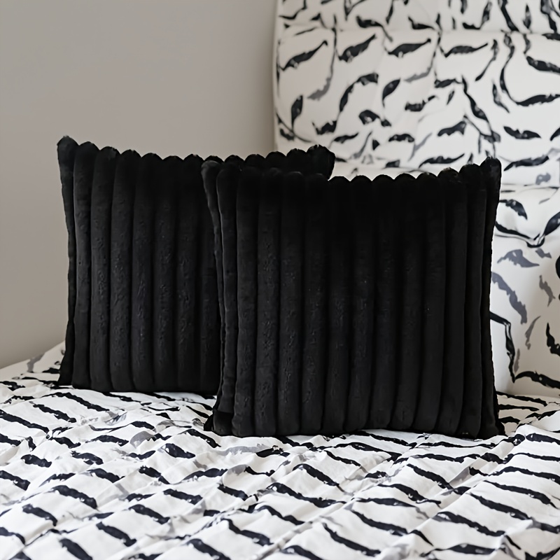 TEMU 2 taies d'oreiller de luxe confortables - Design élégant à rayures noires, taie d'oreiller douce en fausse fourrure de lapin et en velours,
