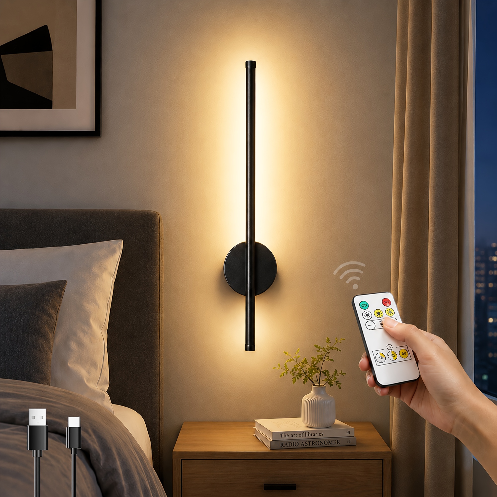 Batteriebetriebene Wandleuchte, Wiederaufladbare Wandleuchten mit Fernbedienung, Einfache Installation, Abziehen und Aufkleben, Wandlampe, 360° Drehbar, Kabellose Wandleuchte Deko für TV/Spiegel
