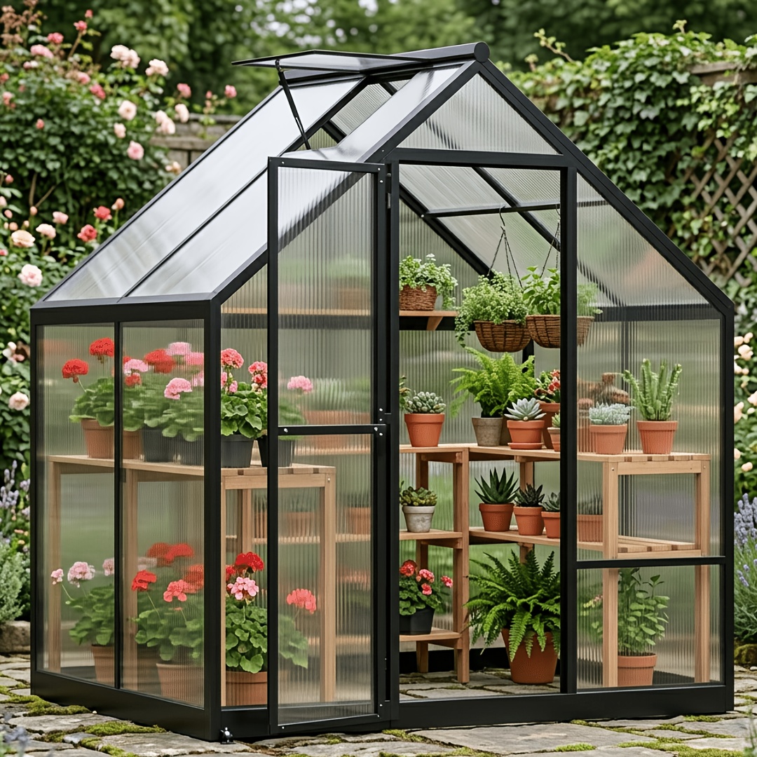 Image of 6x4ft Outdoor Greenhouse With Hygrometer, Heavy Duty Aluminum Frame Greenhouse Kit, Polycarbonate Panels, Lockable Door & Adjustable Roof Vent, Easy Assembly Walk- House For Backyard