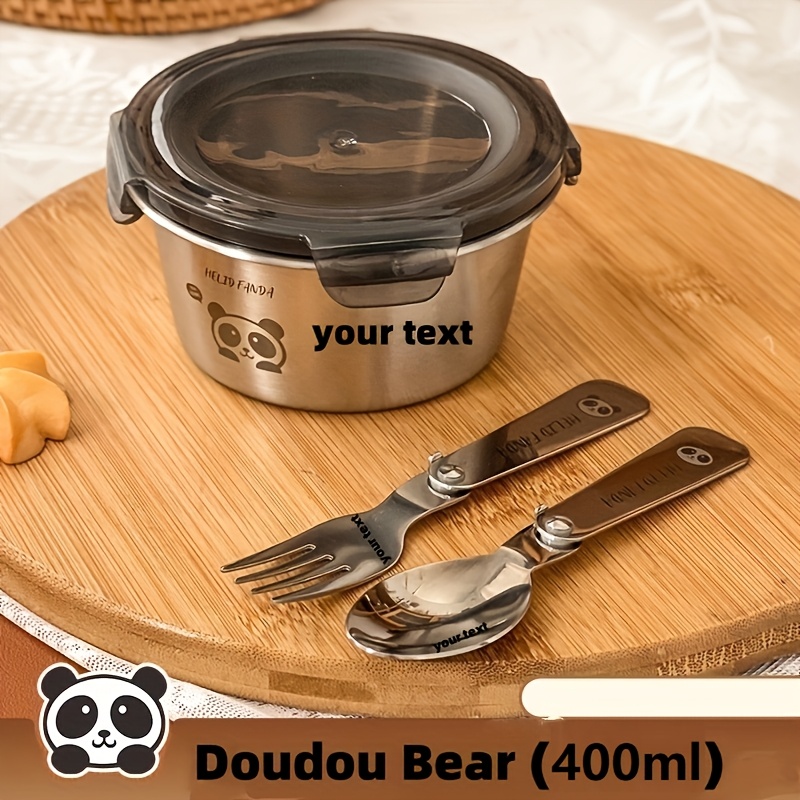 TEMU Customized Cute Panda/ 304 Stainless Steel Round Lunch Box With Lid & Forks/spoons - Dishwasher Safe, Leakproof Thermal Container For Camping,