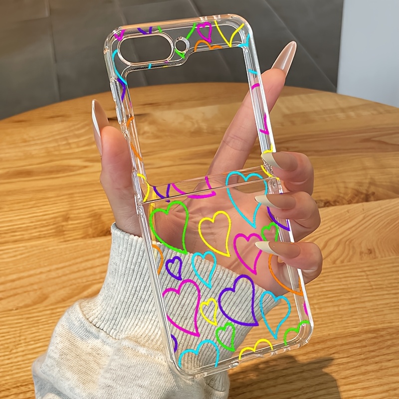 TEMU Phone Case: Colorful Hearts With Lines Clear Phone Case Suitable For Galaxy Z Flip 7 Z Flip 6 Z Flip 5 Z Flip 4 Z Flip 3 5g Folding Transparent