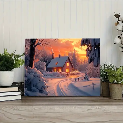 cozy snowy cabin wall art with wooden frame winter scene canvas decor for living room kitchen or office high quality framed canvas print on white artist canvas office wall art warm atmosphere art canvas canvas wall art