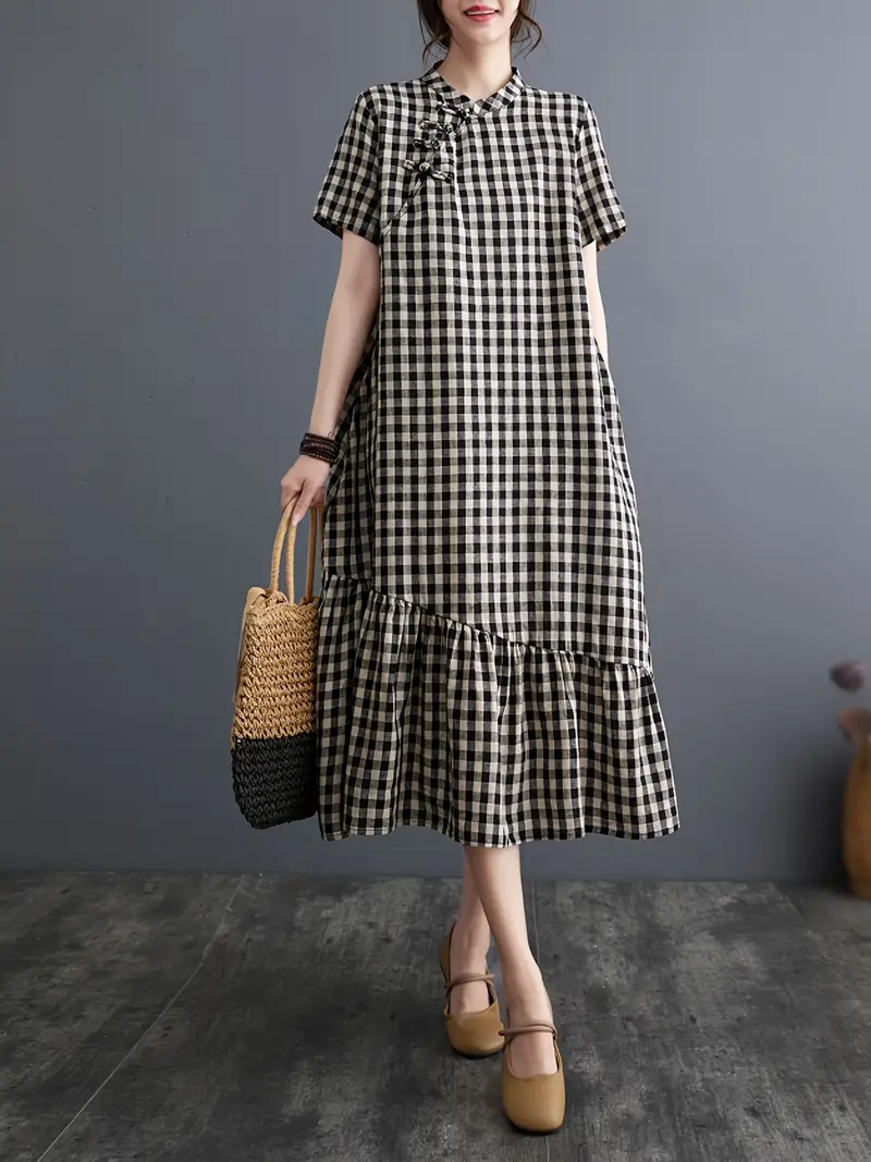 loose plaid dress EMERY ROSE Retro Plaid Casual Minimalist Print Pattern Loose Fit Round Neck Plus Size Dress, Suitable For New Year Party,Flower/Spring/Summer/Vacation