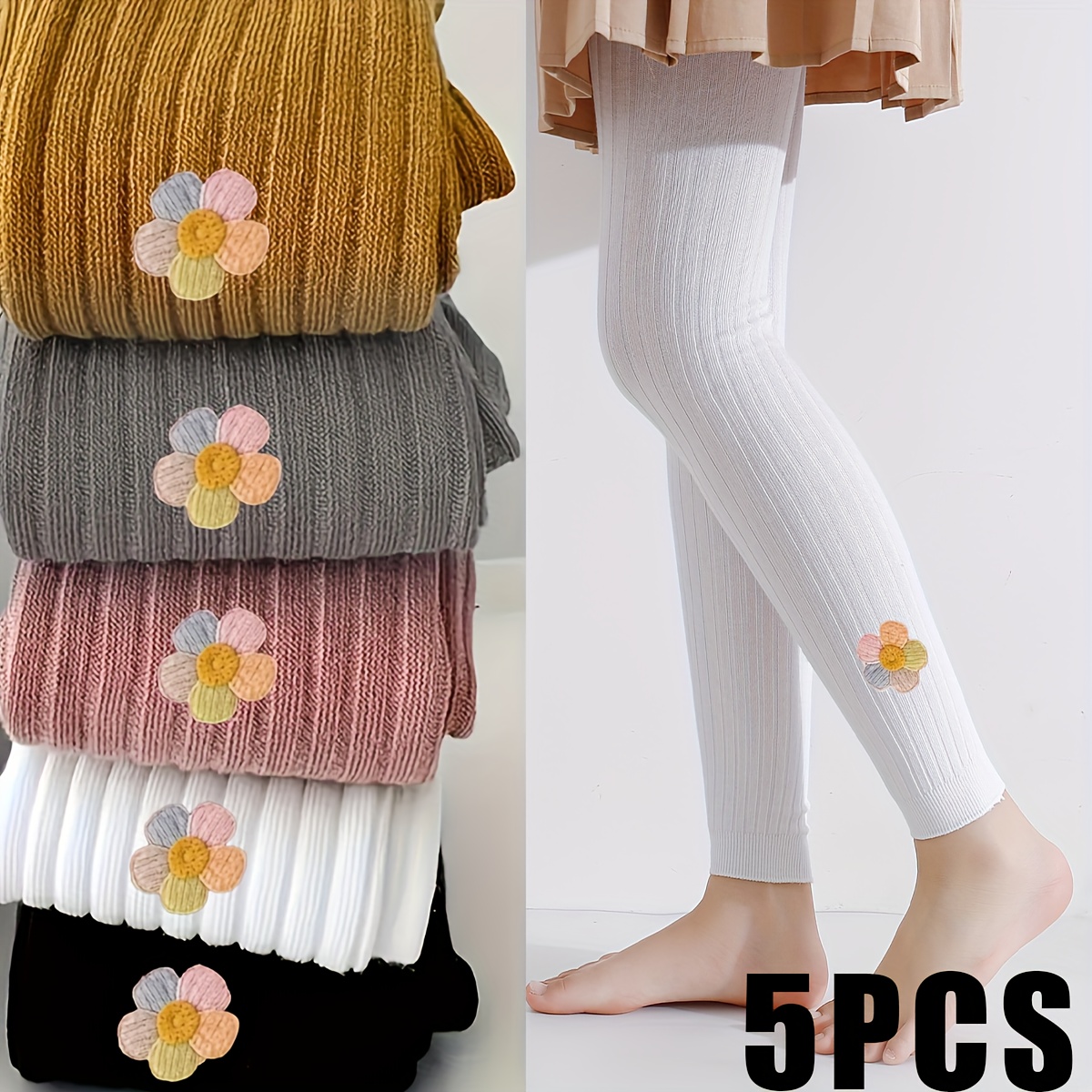 E-shop 5-teiliges Set Mädchen-Herbst/Winter-Gestreifte Leggings mit bunten Blumenstrick-Strumpfhosen. Farbenfrohe Designs geeignet für den täglichen