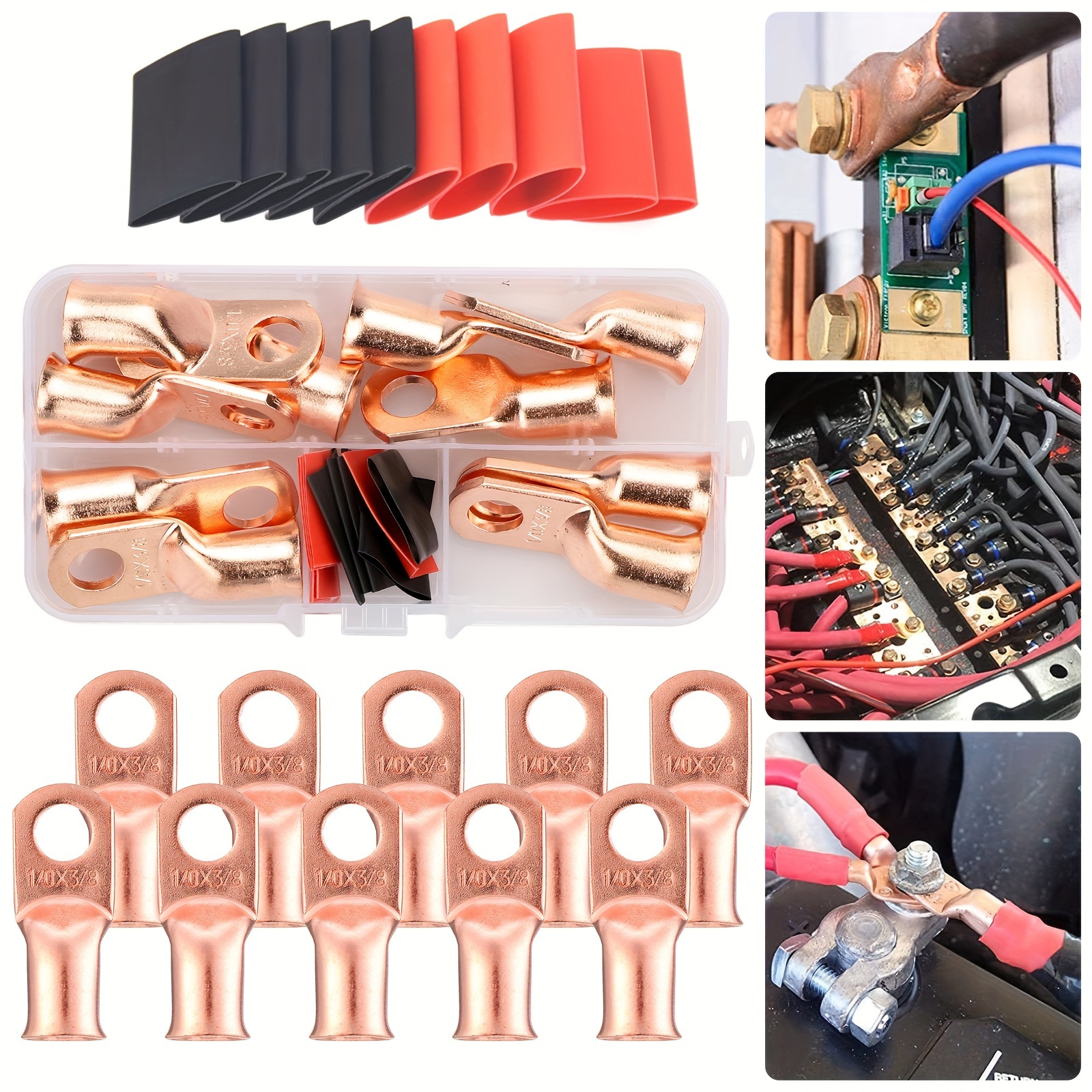 

Ring Battery Terminal Connectors, Heat Shrink Tubing, 1/0awg 3/8 " Copper Wire Lugs, With Storage Box