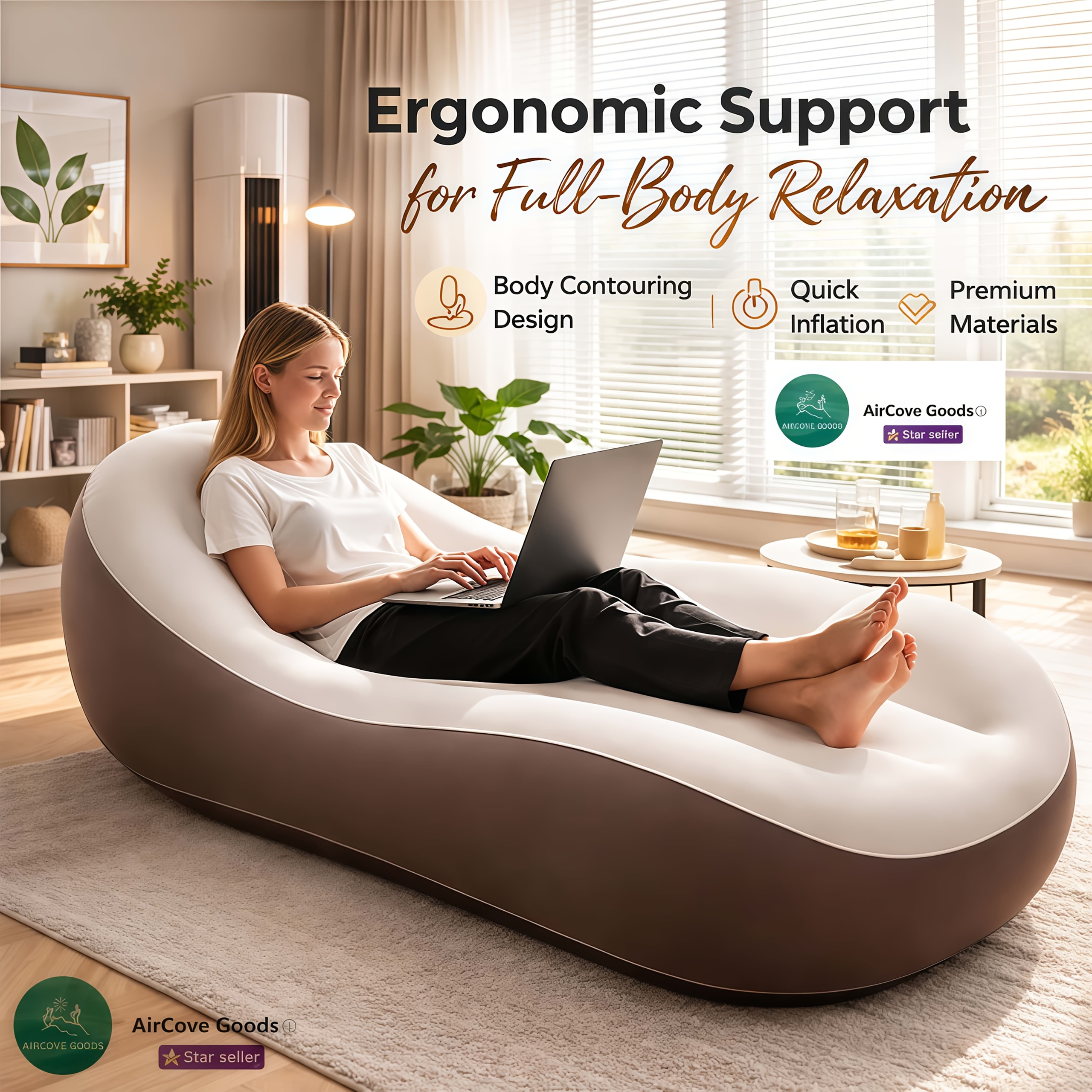 Image of Extra-wide Ergonomic Wave Lounger With Raised Headrest Support, Inflatable Air Mattress For Indoor & Outdoor, Air Sofa Bed For Garden, Beach, Nap, Travel & - Portable Inflatable Furniture