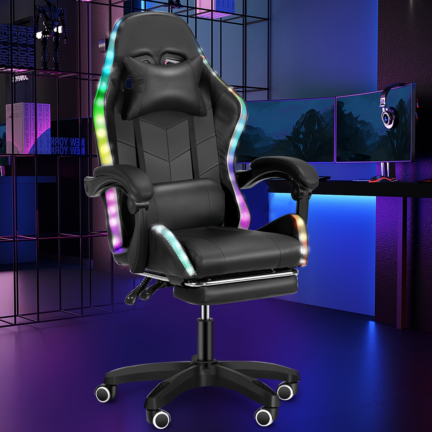 čRrn RGB igralni stol z povezovalnimi naslonjali za in nastavljivo višino naslonjača - Zložljiva osnova, primerna za mizo za PC/prenosnik, opo