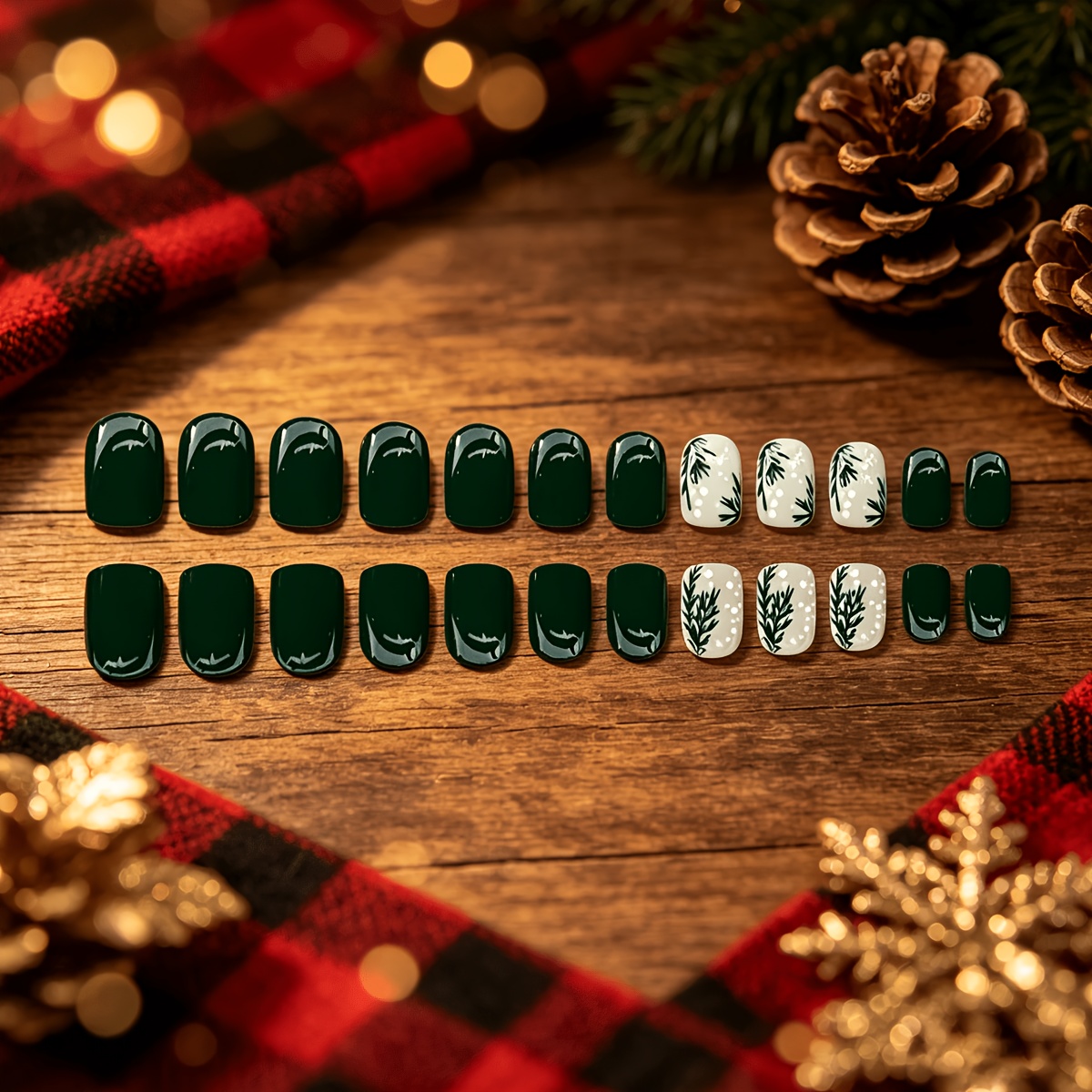 TEMU 24pcs Short Square False Nail Patches - Christmas Retro Dark Green Fake Nails - Pattern Includes Rich Dark Green And Premium Look, With Creamy