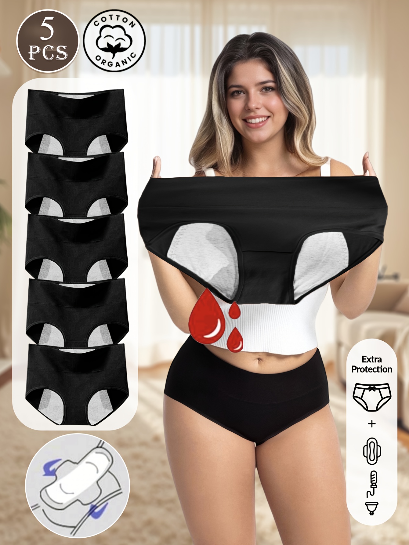 5pcs of Women S High-Waisted Menstrual Period Underwear, Simple   Color Underwear, Comfortable Side Leakage Menstrual Briefs Cover The Buttocks Without Stuck Gear,      , Summer, Autumn And Winter  , XS-XXL, Briefs Women, Period Pants, Period Pants For Women, Period Panties For Women, Underwear For Women, Underwear For Women Set, Women Briefs, Womens Underwear