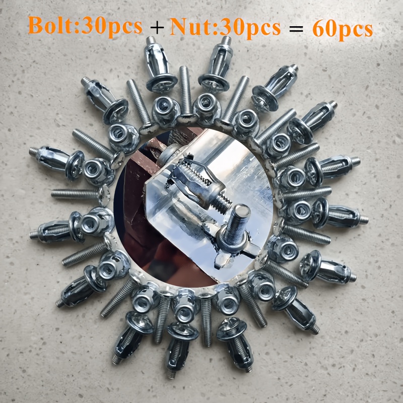 TEMU 60pcs Heavy-duty Hollow Sheet Metal Plate Fasteners (including 30pcs Bolts + 30pcs Nuts) Designed For Petal Screw Anchors, Expansion Plugs, And