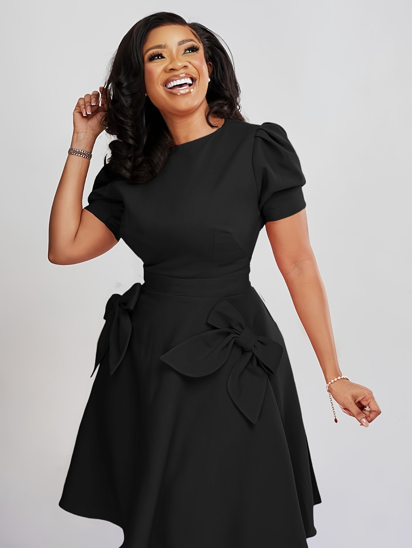 2026 Spring/Summer New Stylish Bow Work Dress for Women, Featuring Puff Sleeves And a Round Neck, in a Solid Color, Tailored for a Fitted Look