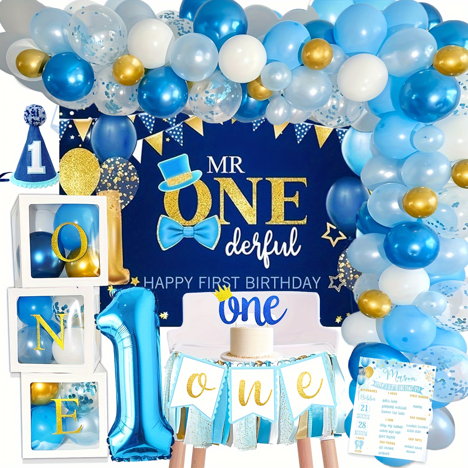

104 Pieces Blue 1st Birthday Decoration Supplies, 1st Birthday Decorations, Blue 1st Birthday Decorations, 1st Birthday Balloon Box, Background, High Chair Banner, Crown, Photo Banner