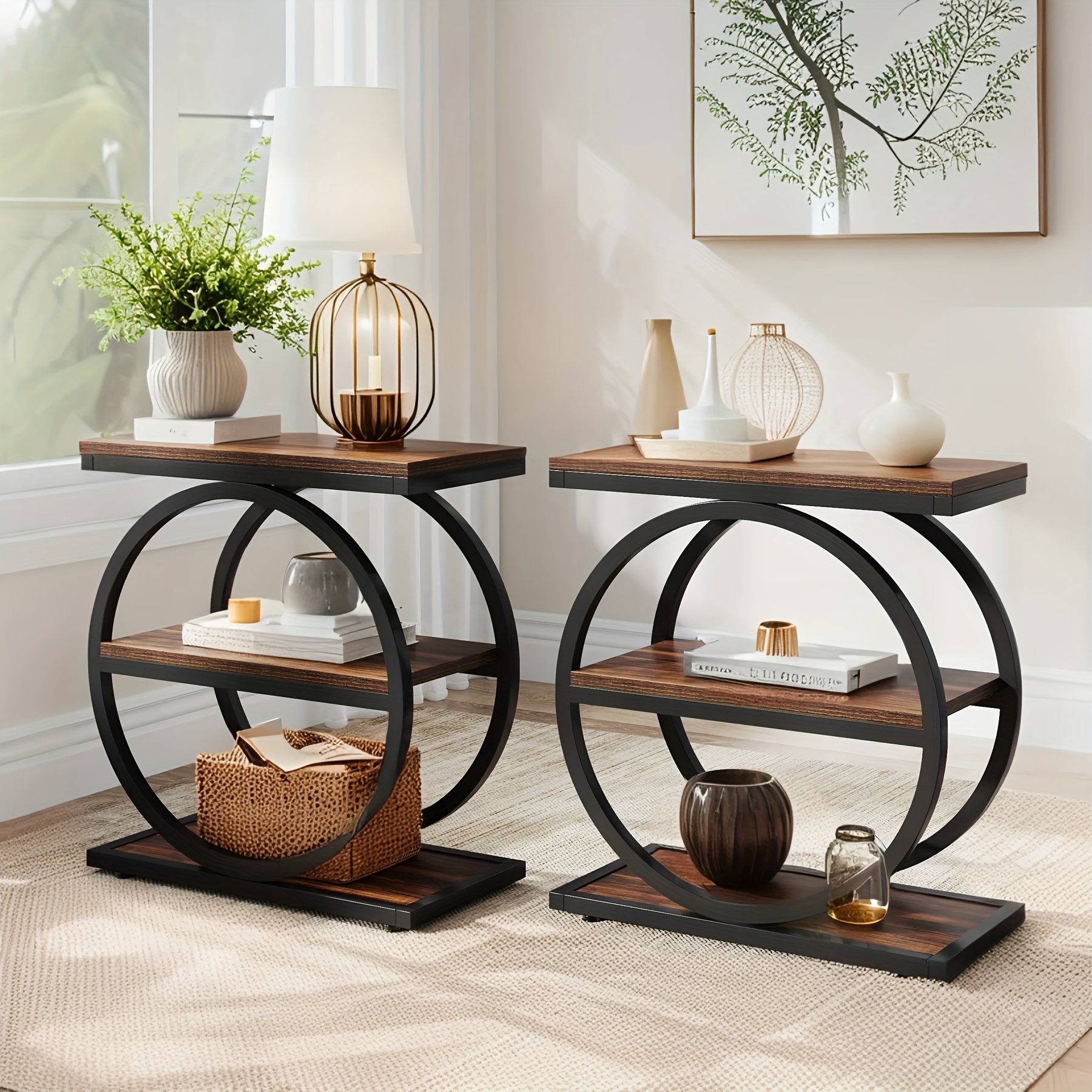 Vintage End Table Set Of 2, Narrow End Table with 3 Storage Shelves, Farmhouse Wooden Side Table, Industrial Small Sofa Side Table for Living Room, Modern Slim Nightstand And Bedside Table for Bedroom