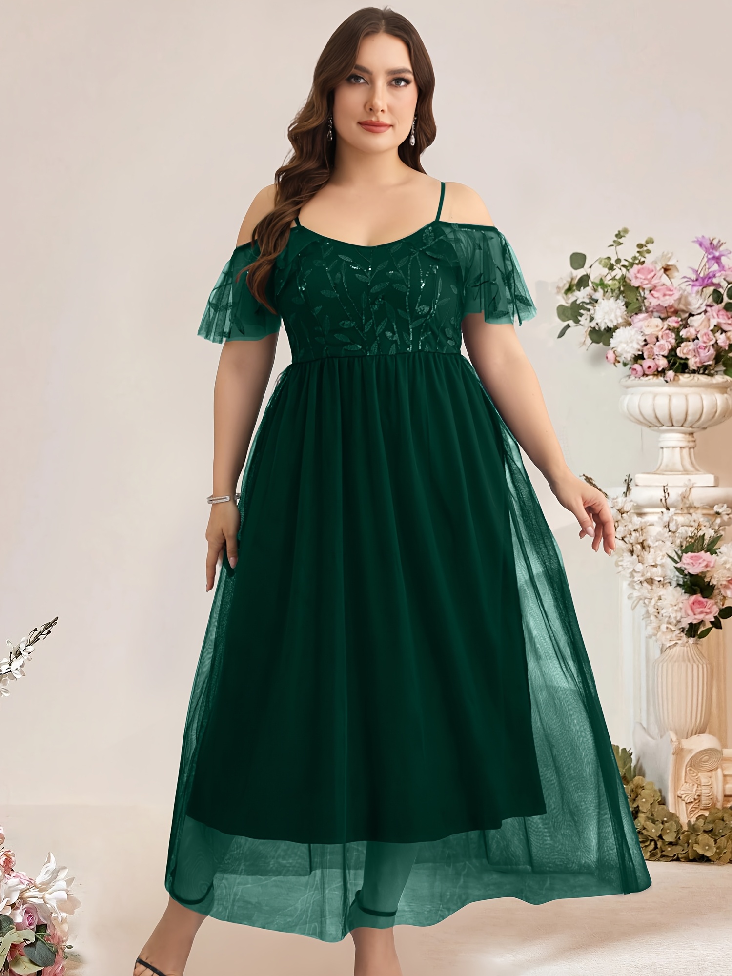 slim fit dress slacks Women's Beverly Gored Off-Shoulder Mesh Lace Calf Length Dress XS/XS/S/M/L/XL/Customize Green Floral Mean Blvd L / Green / Floral