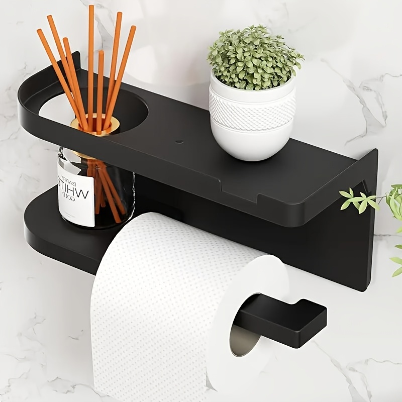 TEMU 1 soporte moderno de papel higiénico de pared en plástico y negro con estante de almacenamiento y cajón - Organizador de baño que ahorra ,