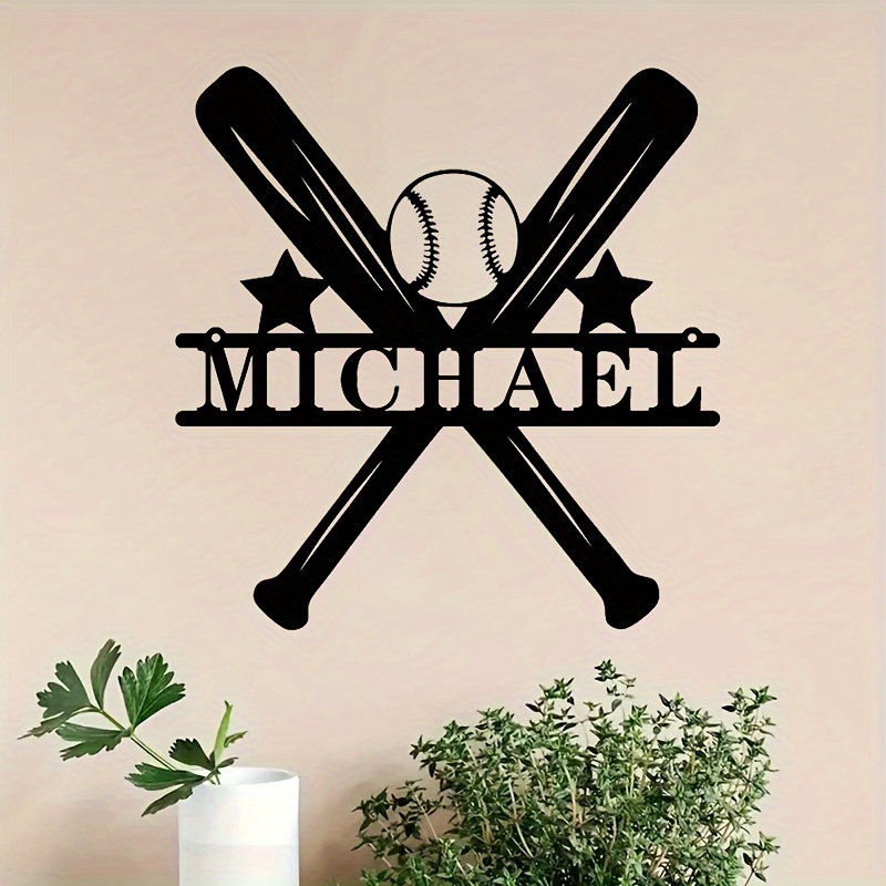 

Customizable Baseball Metal Wall Art - Personalized Name Decor With Bat & Glove Design, Black & White Sports-themed Wall Hanging For Fans, Home Or Office Décor, Baseball Room Decor