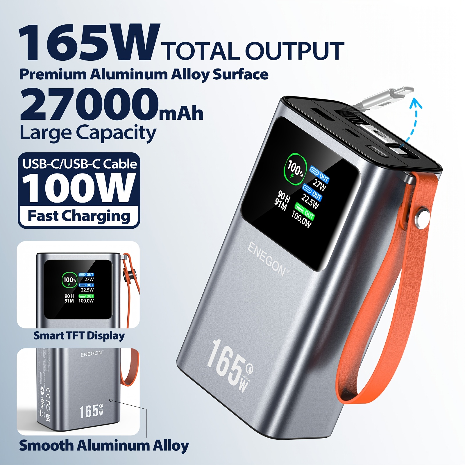 TEMU Enegon 27000mah Laptop Power Bank, 165w Total Output Portable Charger With Dual 100w Max Usb-c Ports Fast Charging, Built-in Retractable Cable,