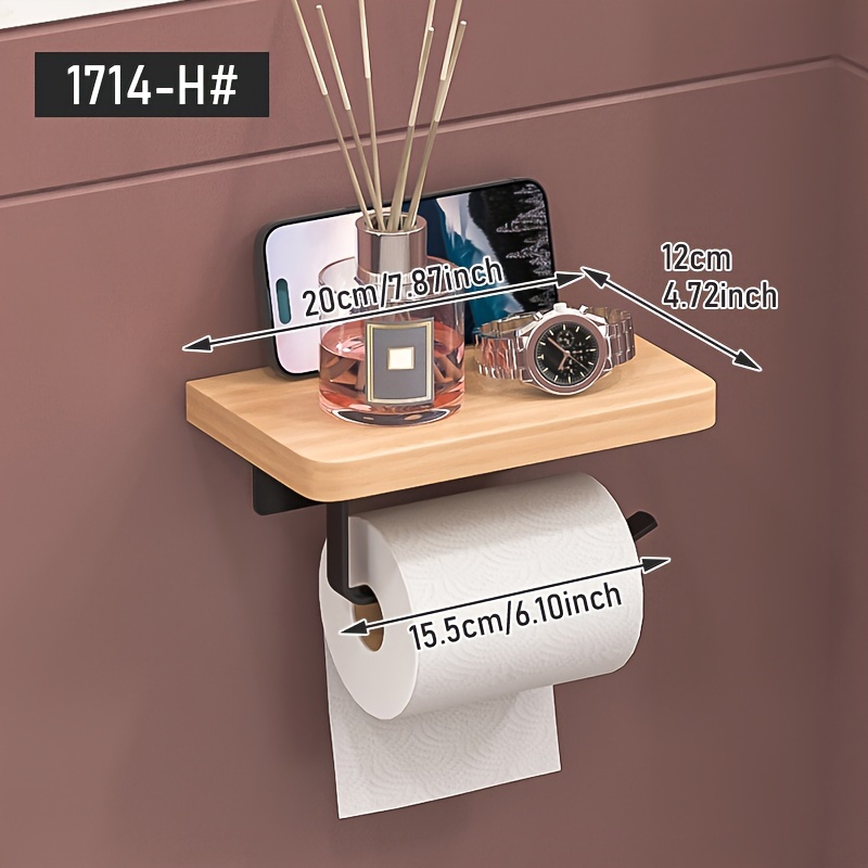 E-shop Selbstklebender Wandmontierter Toilettenpapierhalter mit Aufbewahrungsregal für das Badezimmer - Eisen, Kein Bohren Erforderlich, Holz, Handy- &