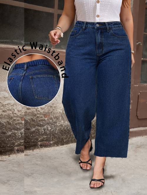 plus size denim pantalon na mataas ang baywang at malapad ang para sa mga babae, fashionable at kaswal na