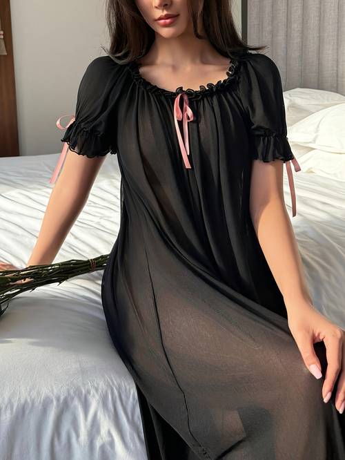womens retro net sleeved nightgown net sleeved nightgown elegant transparent short sleeved long nightgown lace nightgown nightgown
