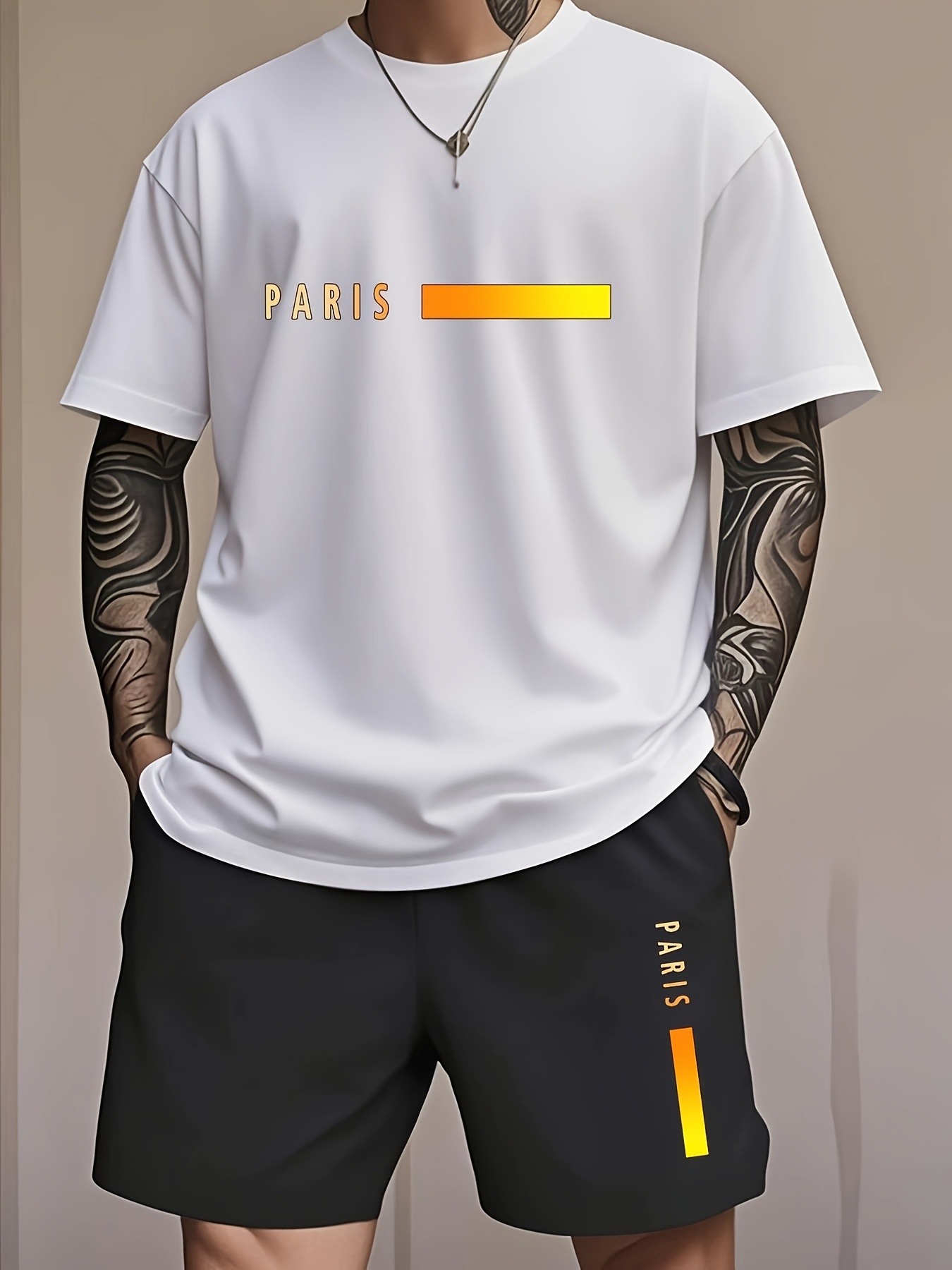 Paris Gradient Letter Print Men's Two-Piece Set: Crew Neck Short Sleeve T-Shirt and Drawstring Shorts Summer Casual Sportswear