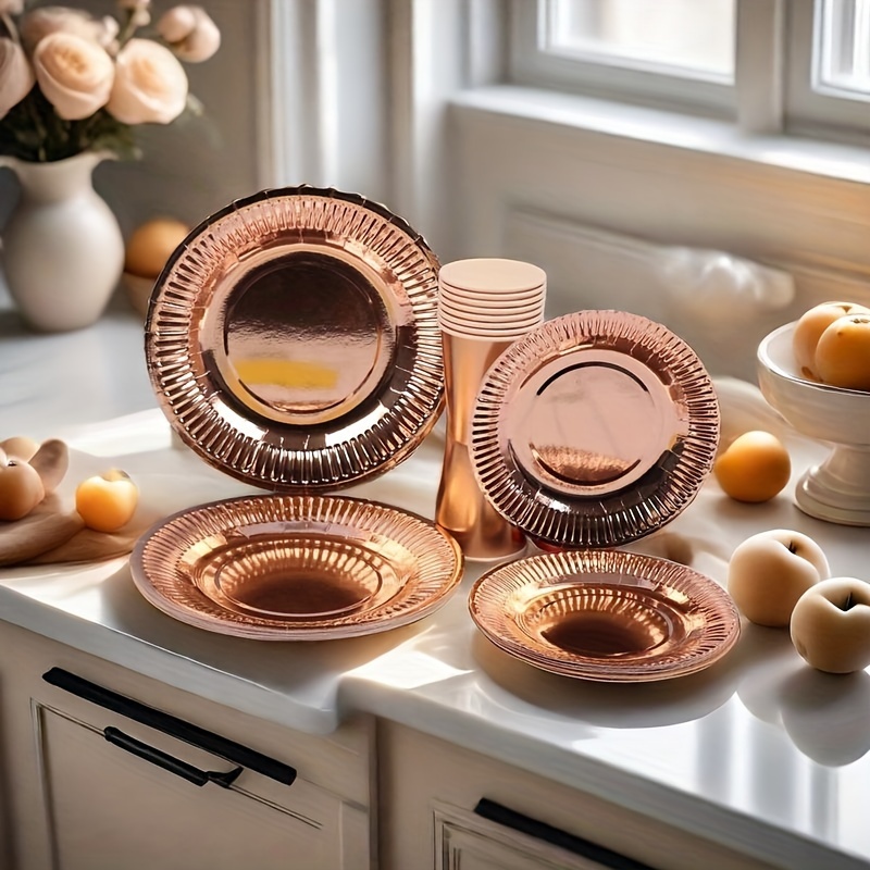 

30pcs Premium Rose Gold Foil Party Supplies Set, 10pc 9-inch & 10pc 7-inch Sturdy Disposable Paper Plates With Printed Pattern, 10pc Cups, Chic Tableware For Events, Home Gatherings & Outdoor Parties