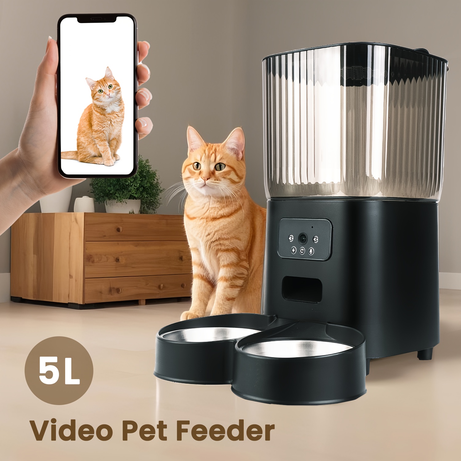 5L Smart Pet Feeder with 2K Camera & Night Vision – WiFi Enabled Automatic Cat and Dog Food Dispenser, Detachable for Easy Cleaning, Large Capacity for Multiple Pets, Includes 2 Stainless Steel Bowls, Automatic Pet Feeder